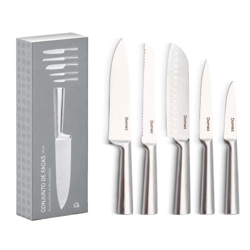 DOMEZ Jogo de Facas Cozinha 5 peças de Aço com Fio que Dura Mais, Design Ergonômico, Inclui Faca Chef, Pão, Descascar, Santoku, Churrasco Ergonômica Amolada Resistente à Ferrugem