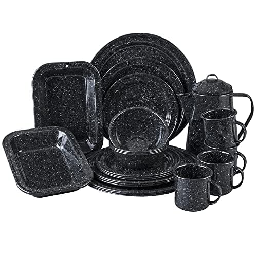 Cinsa 23 peças. Conjunto de louças esmaltadas para acampamento/ar livre para 4. Inclui pratos, tigelas, canecas, caldeira de café. Preto salpicado.