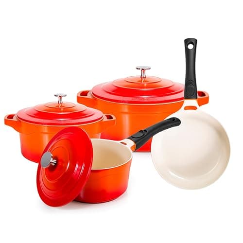 LE COOK Jogo de Panela Premier Antiaderente Cerâmica 4 Peças Laranja Caçarola 20cm 24cm, revestimento ceramico Frigideira e Panela com Cabo Removível Compatível com Indução e Forno