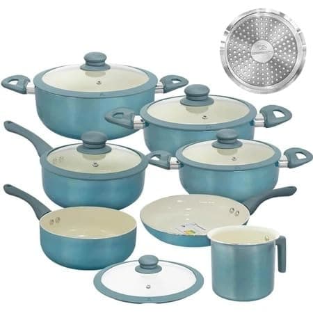 Jogo De Panelas Genebra Revestimento Cerâmica Antiaderente Casa Ambiente 7 Peças Azul Tampa De Vidro Alças Ergonômicas Siliconadas