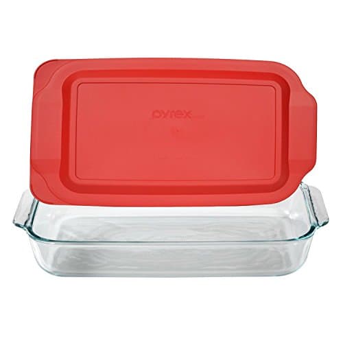 Pyrex Assadeira básica oblonga de vidro de 3 litros com tampa de plástico vermelha - 33 cm x 22,5 cm x 5 cm