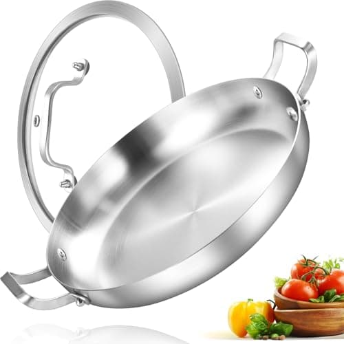Inqibee Panela de paella de aço inoxidável de 25 cm com tampa, frigideira grande, frigideira, refogado, panela jumbo, cozimento por indução, lavável na lava-louças e no forno